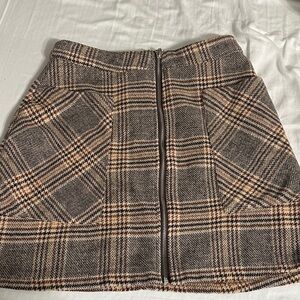 High-Waist Plaid Mini Skirt with Front Zip - Brown